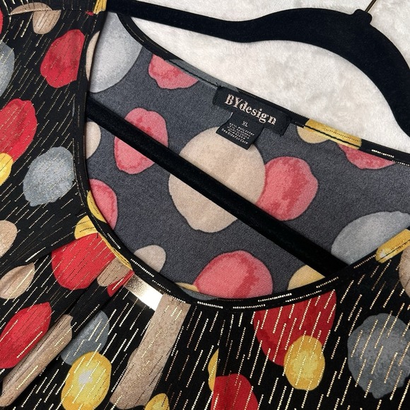 By Design Womens XL Black Multicolor Round Neck Short Sleeve Blouse Pullover Top - Picture 1 of 7